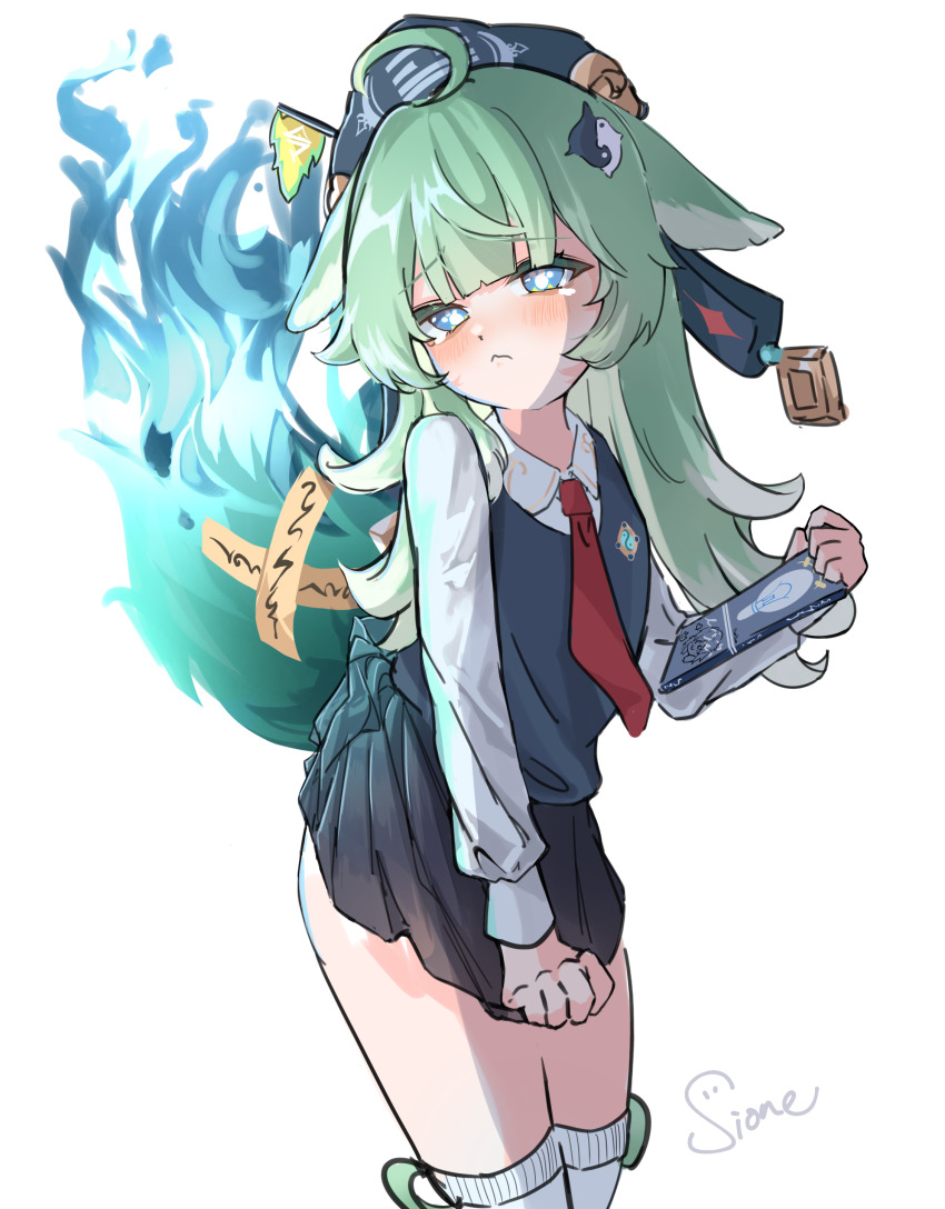 1girl absurdres ahoge blush green_eyes green_hair hat highres holding holding_notebook honkai:_star_rail honkai_(series) huohuo_(honkai:_star_rail) long_hair notebook paw-shaped_pupils pissione pout school_uniform signature simple_background skirt skirt_tug symbol-shaped_pupils tail_(honkai:_star_rail) wavy_mouth white_background yin_yang_hair_ornament