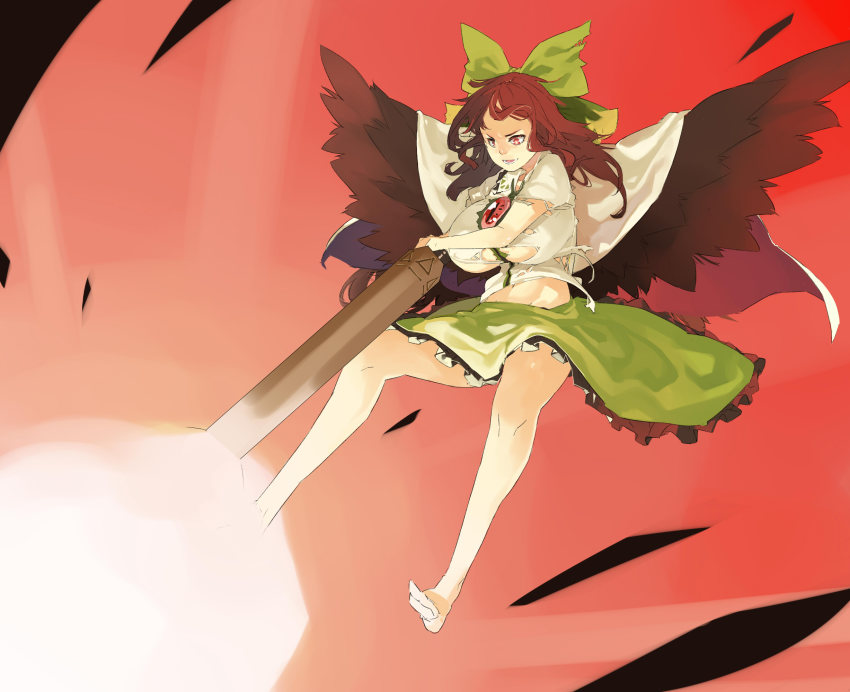 1girl arm_cannon barefoot bow breasts brown_hair female_focus hair_bow highres huge_breasts long_hair muneneko no_bra open_mouth red_eyes reiuji_utsuho skirt smile solo third_eye torn_clothes touhou weapon wings