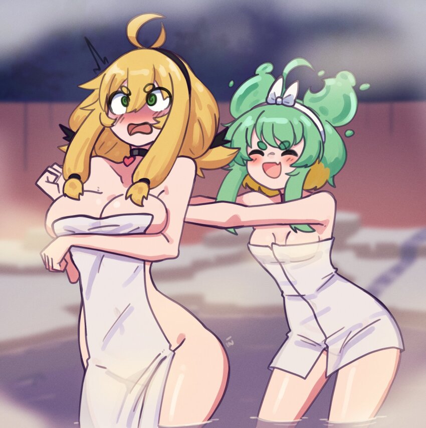 2girls :d @_@ ahoge arm_under_breasts blonde_hair blurry blurry_background blush borrowed_character bow breasts choker cleavage closed_eyes collarbone cowboy_shot doce fang female_focus green_eyes green_hair hair_between_eyes hair_bow hairband highres multiple_girls nude open_mouth original pushing sauna short_hair skin_fang small_breasts smile surprised towel white_bow