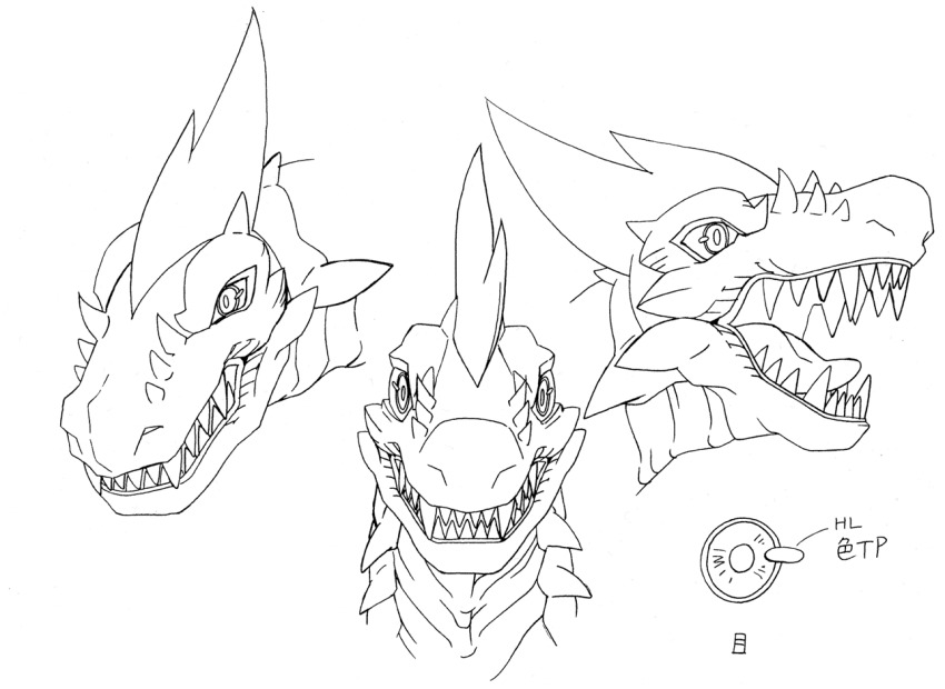 character_sheet digimon digimon_(creature) dinosaur glowing glowing_eyes looking_at_viewer monochrome monster no_humans official_art sharp_teeth solo spikes spinomon spinosaurus teeth