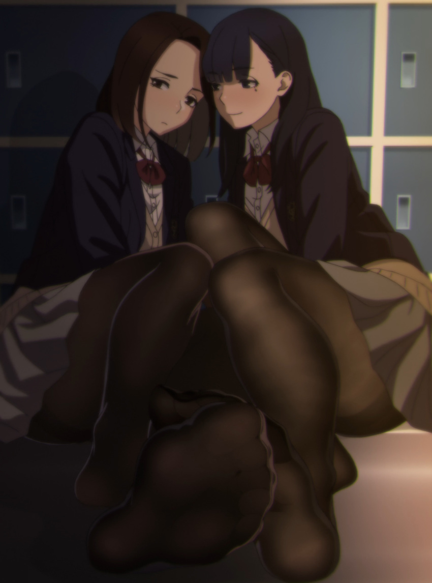 2girls absurdres aikawa_ren anime_screenshot ass blue_hair blush brown_hair feet highres legs locker miru_tights mole mole_under_eye multiple_girls nakabeni_yua naughty_face pantyhose school_uniform skirt stitched third-party_edit tight_clothes yuri