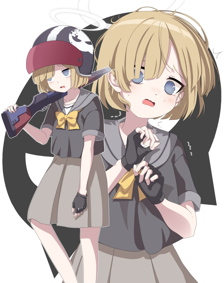 1girl ^^^ absurdres blonde_hair blue_archive blue_eyes blush fingerless_gloves gloves gun halo helmet helmet_gangster_(blue_archive) highres holding holding_gun holding_weapon kokolokokomika motorcycle_helmet multiple_views open_mouth school_uniform short_sleeves shotgun simple_background skirt sweat trembling weapon white_halo