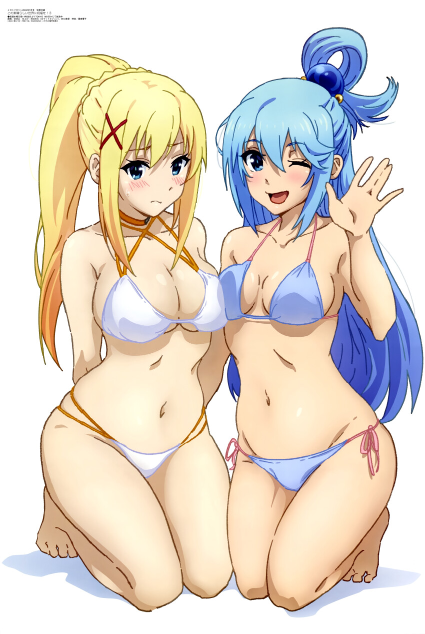 2girls absurdres aqua_(konosuba) bare_shoulders bikini blonde_hair blue_eyes blue_hair blush breast_press breasts choker cleavage darkness_(konosuba) female_focus hair_ornament hairclip highres kneeling kono_subarashii_sekai_ni_shukufuku_wo! large_breasts magazine_scan matching_hair/eyes medium_breasts megami_magazine midriff multi-strapped_bikini_bottom multiple_girls navel official_art one_eye_closed open_mouth orange_choker ponytail scan side-tie_bikini_bottom sideboob simple_background skindentation smile swimsuit thighs white_background wink x_hair_ornament