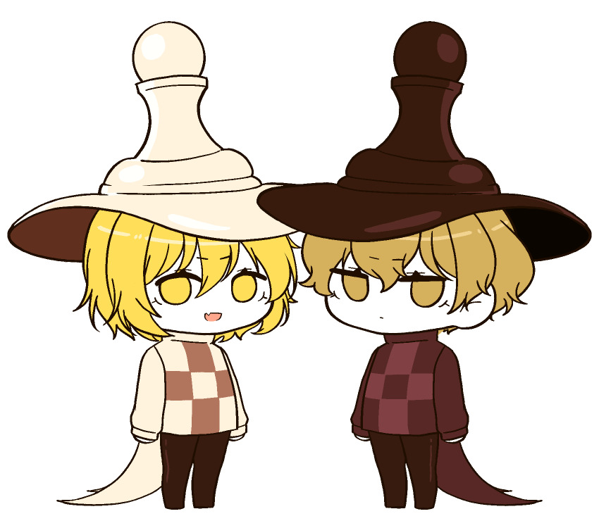 1boy 1girl blonde_hair brown_hat brown_pants brown_sweater checkered_sweater chess_choco_cookie chess_choco_cookie_(cosplay) chess_piece chibi cookie_run cookie_run:_ovenbreak cosplay don_quixote_(project_moon) full_body hat highres limbus_company long_sleeves matiyan923 pants pawn_(chess) project_moon short_hair simple_background sinclair_(project_moon) sweater white_background white_sweater yellow_eyes