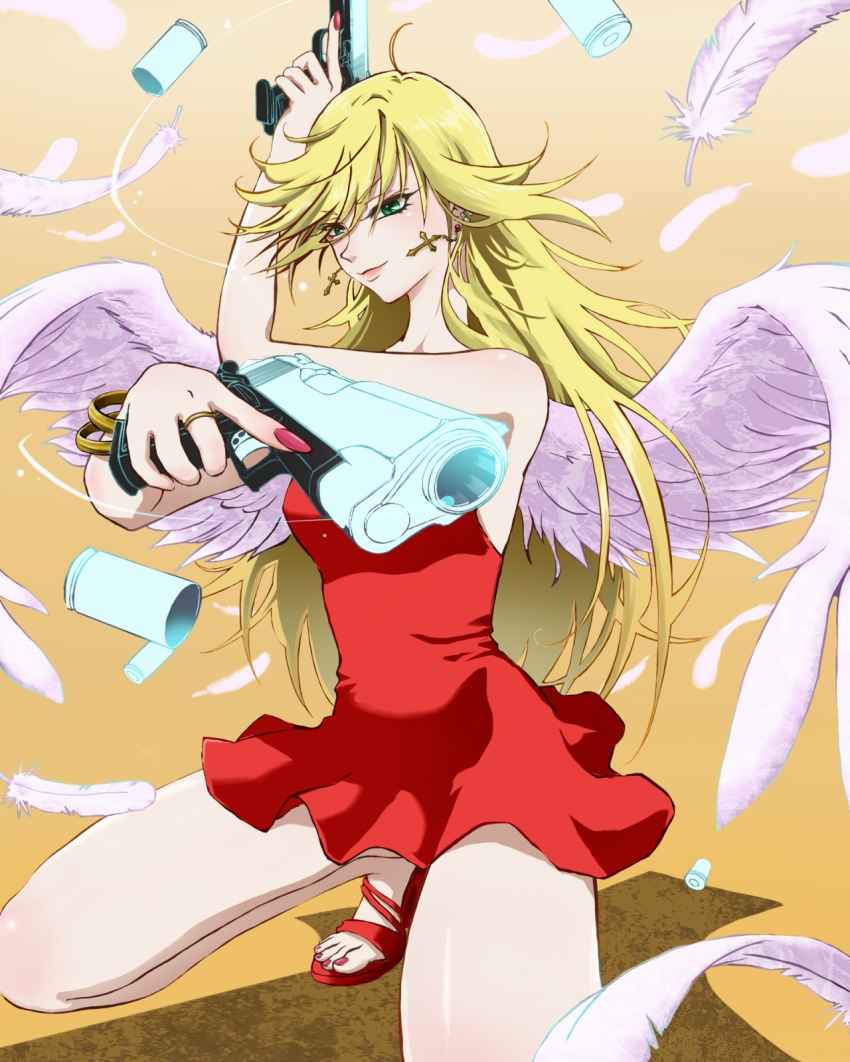 10s angel back_lace blush dress gun highres panty_&amp;_stocking_with_garterbelt panty_(psg) smile togisi_masamune weapon wings