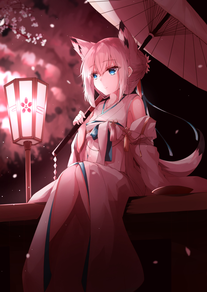 1girl absurdres animal_ears azur_lane blue_eyes extra_ears fox_girl highres japanese_clothes kawakaze_(azur_lane) kawakaze_(unsullied_white_fox)_(azur_lane) kimono official_alternate_costume oil-paper_umbrella ryou_(ryo_217cafe) sakura_empire_(emblem) solo tail uchikake umbrella white_kimono white_umbrella