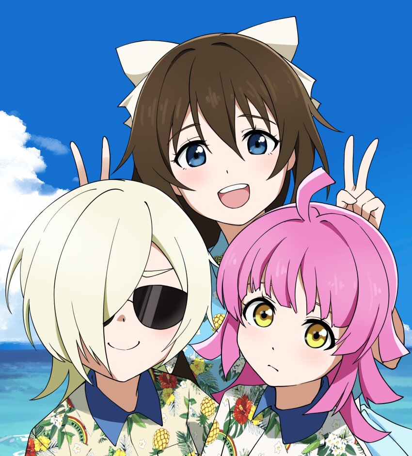 3girls absurdres ahoge blonde_hair blue_eyes blue_shirt blue_sky blunt_bangs blunt_ends bow brown_hair bunny_ears_prank c: closed_mouth collared_shirt commentary double_v dress_shirt floral_print floral_print_shirt hair_between_eyes hair_bow hair_over_one_eye half_updo hawaiian_shirt highres horizon kishimen_hair light_blush long_hair looking_at_viewer love_live! love_live!_nijigasaki_high_school_idol_club medium_hair mia_taylor multiple_girls official_alternate_costume osaka_shizuku outdoors pineapple_print pink_hair print_shirt rainbow_print shirt short_hair sidelocks sky smile sunglasses symbol-only_commentary teeth tennoji_rina upper_teeth_only v white_bow white_shirt yellow_eyes zbk_nashi