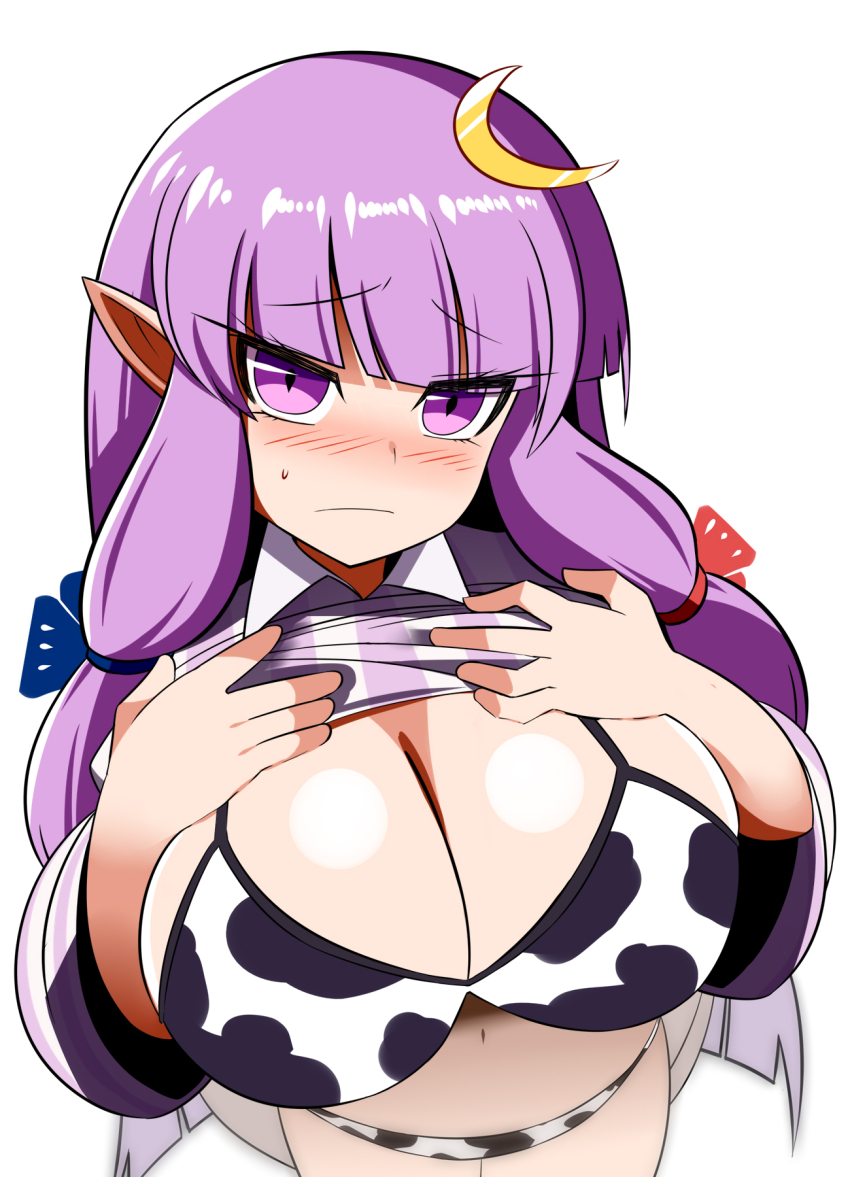 1girl animal_print breasts cow_print gero_zoukin highres large_breasts patchouli_knowledge pointy_ears purple_eyes purple_hair simple_background touhou white_background