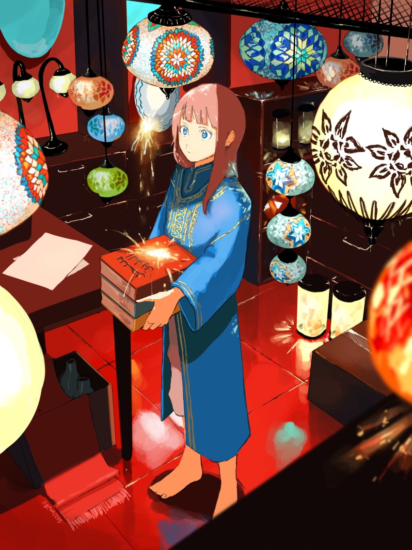 1girl absurdres barefoot blue_dress blue_eyes blunt_bangs book book_stack brown_hair dress highres holding holding_book lantern ligton1225 long_hair long_sleeves original paper paper_lantern reflection solo table wide_sleeves