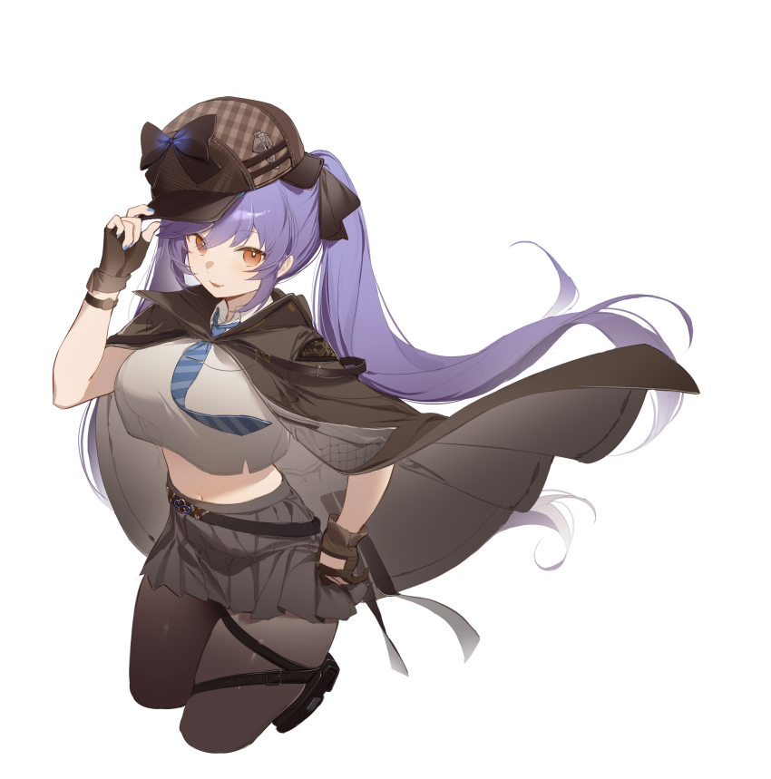 1girl absurdres alternate_costume azur_lane baseball_cap belt belt_pouch black_skirt breasts brown_gloves brown_hat brown_pantyhose cape closed_mouth collared_shirt crop_top crop_top_overhang cropped_legs essex_(azur_lane) fingerless_gloves gloves grey_shirt hand_up hat highres large_breasts long_hair looking_at_viewer midriff miniskirt nail_polish navel necktie orange_eyes pantyhose pleated_skirt pouch purple_hair see-through_silhouette shibuya_(kurokamishain) shirt simple_background skirt smile solo stomach thigh_strap tongue tongue_out twintails very_long_hair white_background