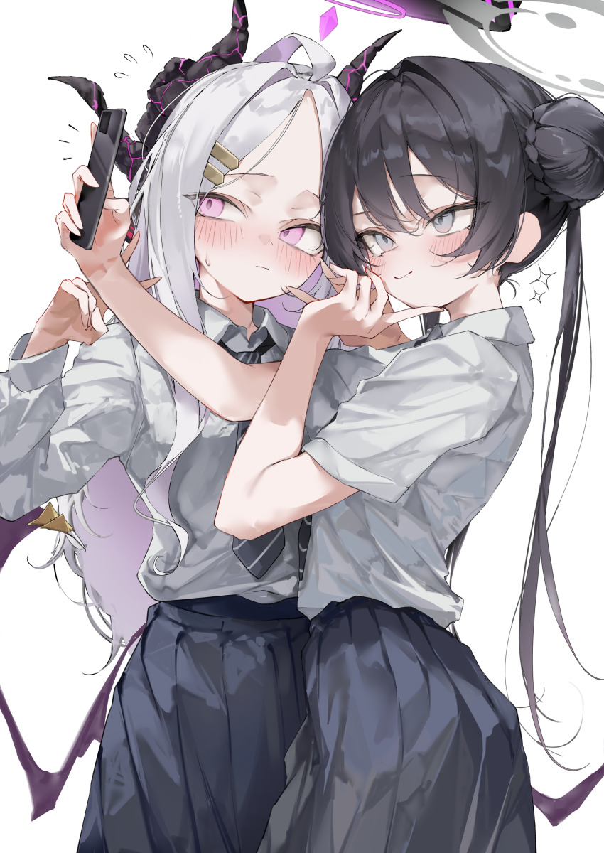 2girls absurdres ahoge black_hair black_necktie black_skirt blue_archive blush cellphone commentary_request demon_horns demon_wings diagonal-striped_clothes diagonal-striped_necktie double_v finger_to_own_chin flying_sweatdrops grey_hair hair_bun halo highres hina_(blue_archive) holding holding_phone horns kisaki_(blue_archive) long_hair long_sleeves multiple_girls necktie parted_bangs pepq phone pleated_skirt school_uniform selfie shirt short_sleeves simple_background skirt smile sparkle striped_clothes sweatdrop twintails v very_long_hair white_background white_shirt wings