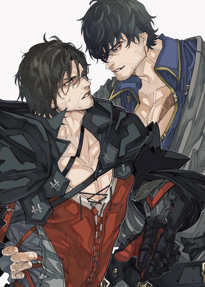 2boys arm_around_back barnabas_tharmr beard_stubble black_cloak black_gloves black_hair blue_eyes blue_jacket clive_rosfield cloak collarbone facial_hair final_fantasy final_fantasy_xvi gloves hair_between_eyes highres jacket looking_at_another male_focus messy_hair moyashi_san4 multiple_boys muscular muscular_male mustache_stubble parted_lips pectorals red_vest scar scar_on_chest short_hair stubble sweat upper_body vest white_background yaoi