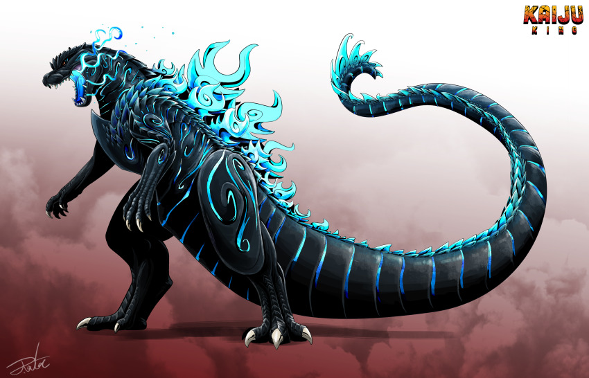 absurdres blue_fire breath_weapon breathing_fire claws english_text fire full_body glowing godzilla godzilla_(series) gradient_background gugenheim98 highres kaiju long_tail monster monster_focus no_humans open_mouth red_eyes redesign scales sharp_teeth signature solo spikes spines standing tail teeth toho