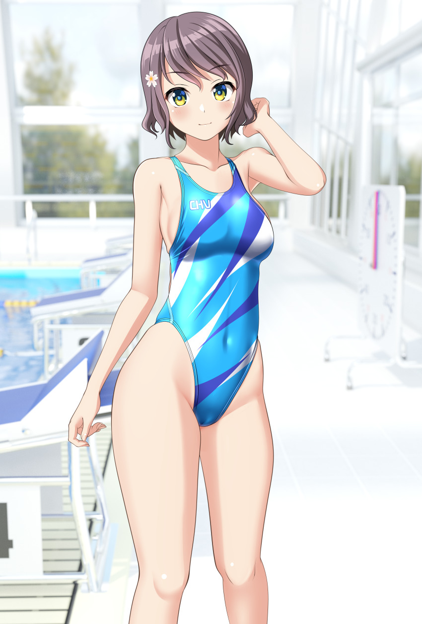 1girl absurdres aqua_one-piece_swimsuit blue_eyes breasts collarbone commentary_request competition_swimsuit covered_navel feet_out_of_frame flower gradient_eyes grey_eyes hair_flower hair_ornament highleg highleg_one-piece_swimsuit highres looking_at_viewer medium_breasts multicolored_clothes multicolored_eyes multicolored_swimsuit one-piece_swimsuit original outdoors pool poolside short_hair smile solo starting_block swimsuit takafumi variant_set