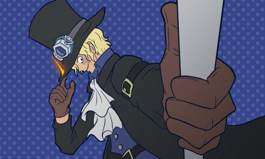 1boy ascot black_jacket blonde_hair blue_background blue_shirt brown_gloves chankop facial_scar from_side gloves goggles goggles_on_headwear halftone hat holding holding_lead_pipe jacket lead_pipe male_focus one_piece sabo_(one_piece) scar scar_on_cheek scar_on_face shirt short_hair simple_background solo top_hat upper_body white_ascot