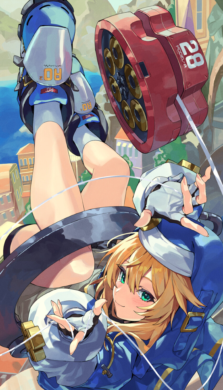 1boy aqua_eyes black_gloves blonde_hair blush bridget_(guilty_gear) building commentary fingerless_gloves gloves guilty_gear guilty_gear_strive habit highres hood hood_up hooded_jacket jacket kamu_(kamuuei) long_sleeves looking_at_viewer male_focus medium_hair outdoors solo trap upside-down yo-yo