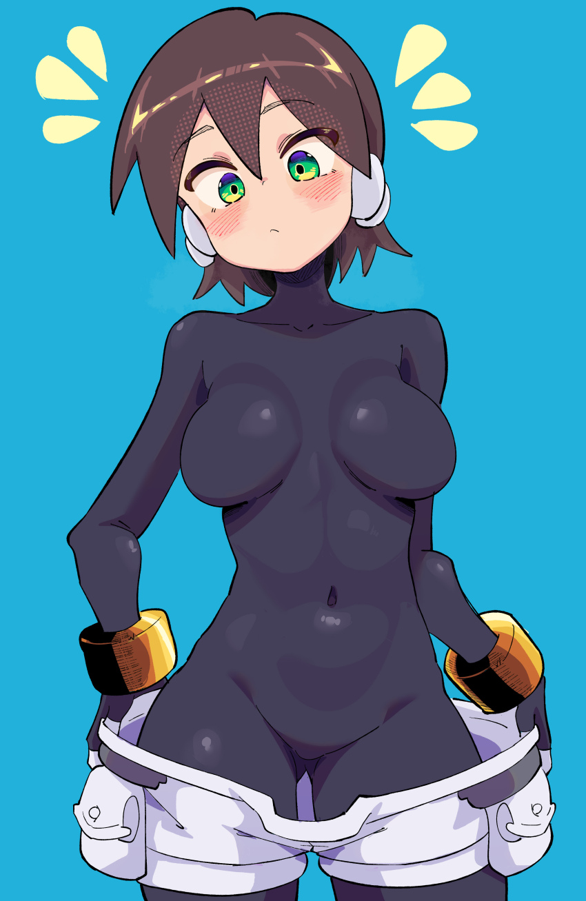 1girl absurdres aile_(mega_man_zx) black_bodysuit blush bodysuit breasts brown_hair buzzlyears clothes_pull covered_navel cowboy_shot green_eyes highres medium_breasts mega_man_(series) mega_man_zx robot_ears short_hair shorts shorts_pull solo white_shorts