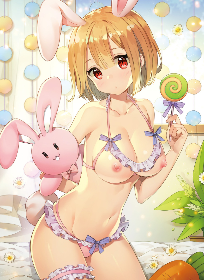 1girl animal_ears arm_behind_back ayami bed_sheet blonde_hair blunt_bangs blush bow bow_panties bra breasts bridal_garter candy collarbone cowboy_shot cupless_bra curtains daisy day dengeki_moeoh eyebrows fingertails flower food frilled_panties frills highres holding holding_stuffed_toy indoors legs_together lollipop looking_at_viewer medium_breasts nipples non-web_source original panties petals pink_bow pink_panties plant pom_pom_(clothes) purple_ribbon rabbit_ears rabbit_tail red_eyes revealing_clothes revealing_layer ribbon solo standing stuffed_animal stuffed_rabbit stuffed_toy tail underwear white_flower