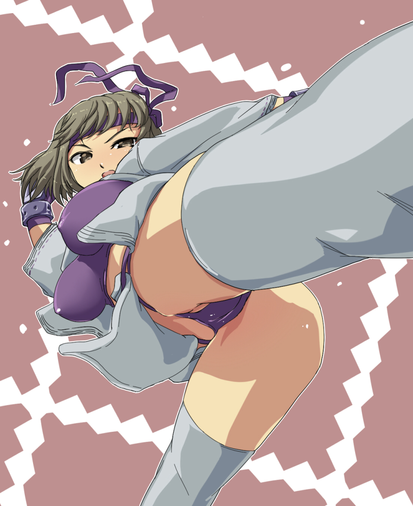 1girl blonde_hair bra breasts brown_eyes cameltoe cleavage covered_erect_nipples fingerless_gloves gloves gouketsuji_ichizoku hachimaki headband highres japanese_clothes large_breasts midriff navel ooyama_rin panties pelvic_curtain purple_bra purple_panties short_hair thighhighs thighs underwear