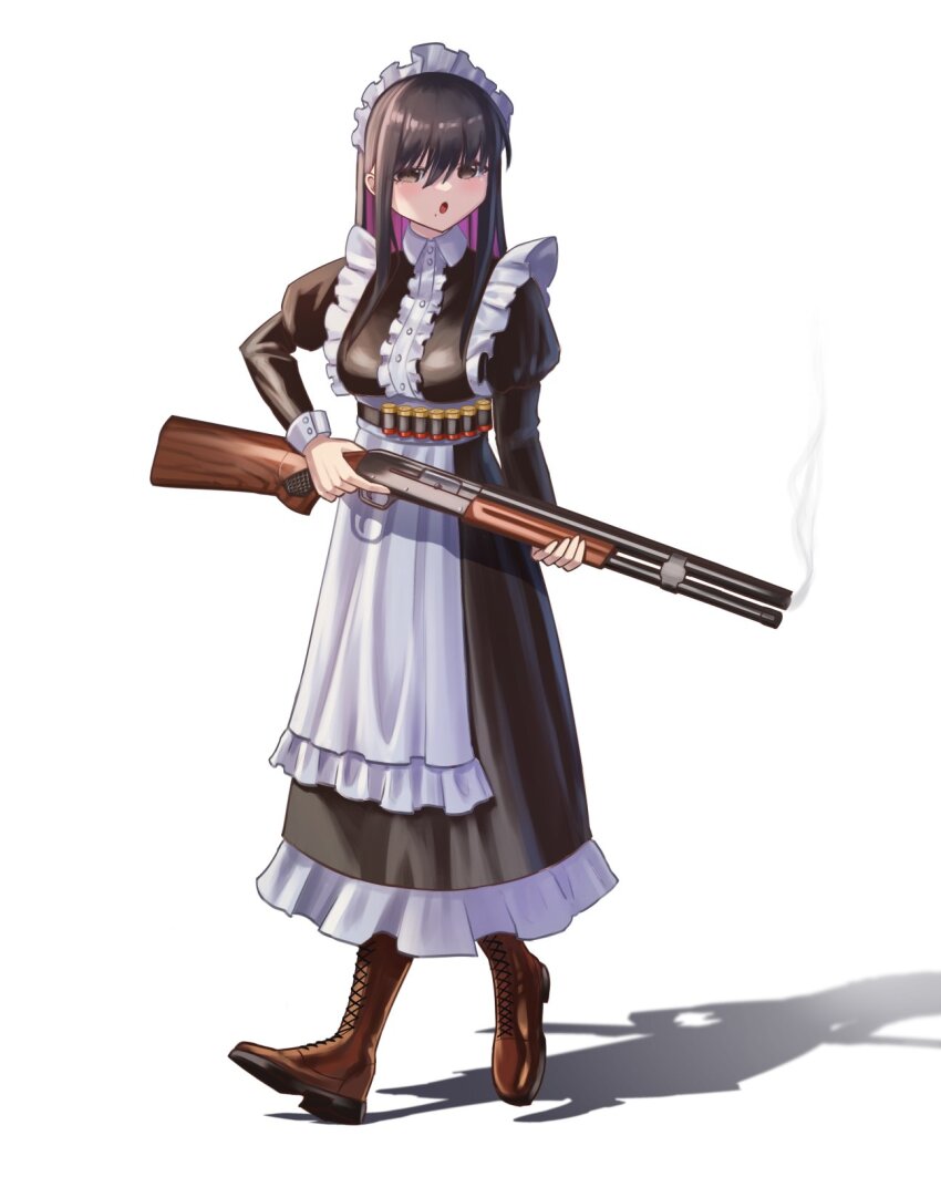 1girl :o alternate_costume ammunition_belt apron bandolier belt black_dress black_hair blush boots breasts brown_eyes brown_footwear colored_inner_hair commentary dress english_commentary enmaided full_body gun haow highres holding holding_gun holding_weapon maid maid_apron maid_headdress medium_breasts multicolored_hair open_mouth original purple_hair shadow shizuku_inoue_(haow) shotgun smoke smoking_barrel solo trigger_discipline walking weapon white_background