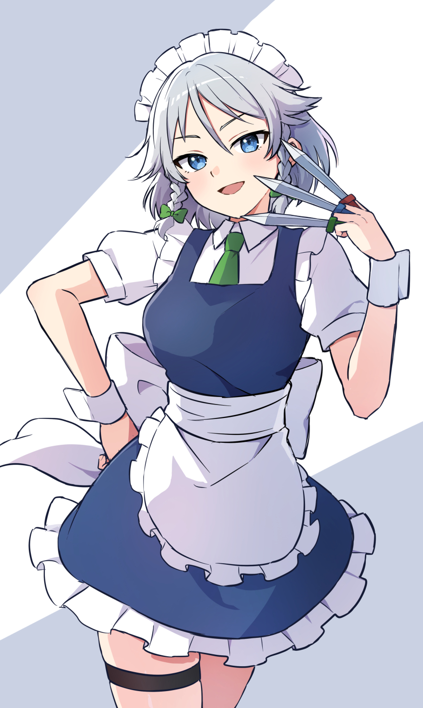 1girl absurdres apron between_fingers blue_eyes bow braid breasts commentary frilled_apron frills green_bow green_necktie grey_hair hair_bow hand_on_own_hip highres holding holding_knife izayoi_sakuya knife knives_between_fingers long_hair looking_at_viewer maid maid_headdress miz_(mizillustration) necktie open_mouth smile solo thigh_strap touhou twin_braids waist_apron