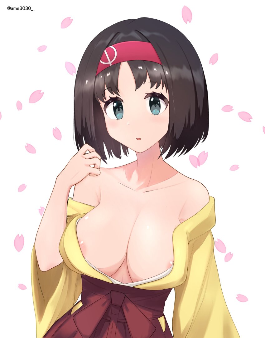 1girl absurdres ame3030 bare_shoulders black_hair black_hairband blush breasts cleavage creatures_(company) erika_(pokemon) game_freak grey_eyes hairband hakama highres japanese_clothes kimono long_sleeves looking_at_viewer nintendo open_clothes open_mouth pokemon pokemon_lgpe short_hair solo