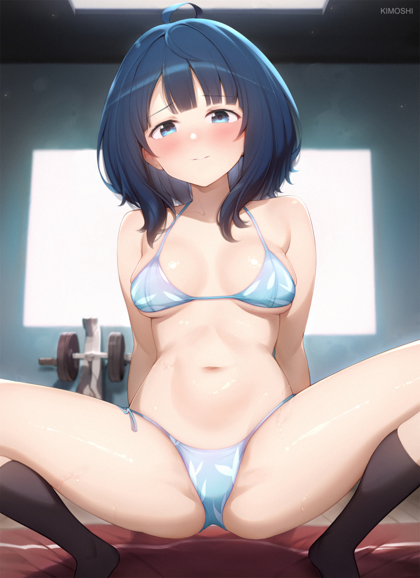 1girl bikini black_socks blue_hair breasts highres indoors kimoshi make_heroine_ga_oo_sugiru! medium_breasts medium_hair navel socks squatting swimsuit thighs yanami_anna