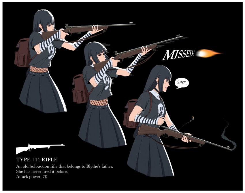 1girl absurdres aiming arm_warmers backpack bag black_background black_eyeshadow black_hair black_shirt black_skirt blythe_(francisco_mon) cropped_legs eyeshadow firing francisco_mon gun highres long_hair makeup original rifle shirt simple_background skirt standing t-shirt weapon