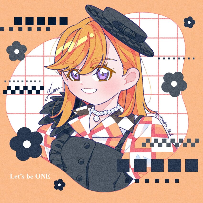 1girl :d black_camisole black_dress black_flower black_hat border camisole camisole_over_clothes checkered_clothes checkered_dress collared_dress commentary dress flower flower_(symbol) grid_background grin hair_between_eyes hat highres let&#039;s_be_one_(love_live!) long_hair looking_at_viewer love_live! love_live!_superstar!! multicolored_clothes multicolored_dress official_alternate_costume open_mouth orange_border orange_dress orange_hair outside_border purple_eyes shibuya_kanon signature smile solo song_name twitter_username upper_body white_background white_dress xion014_link