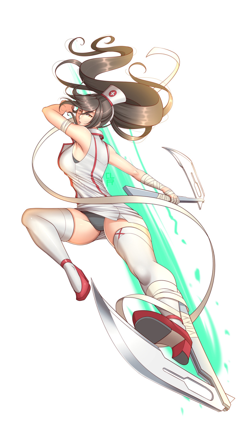 1girl akali bandages black_hair breasts hat high_heels highres league_of_legends long_hair nurse nurse_akali nurse_cap ponytail solo thighhighs underwear very_long_hair weapon white_thighhighs