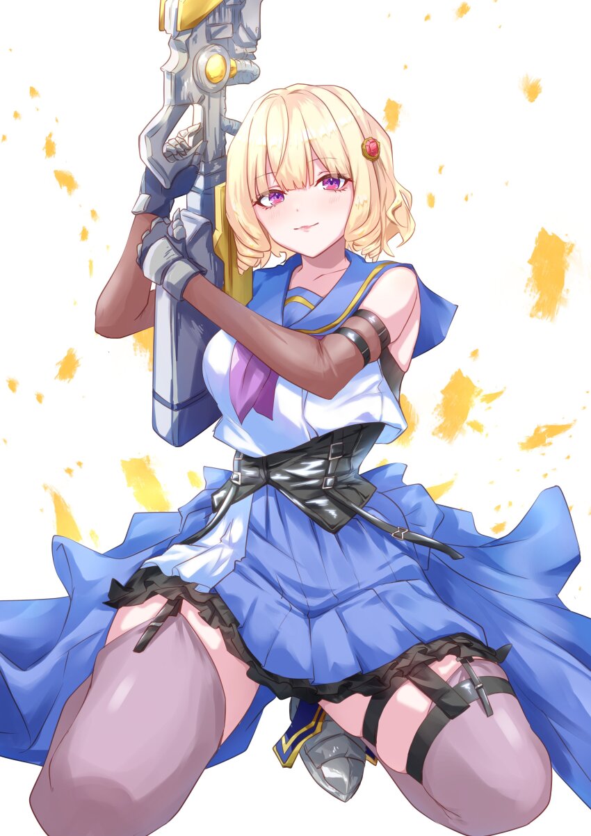 1girl absurdres arm_belt arm_up armored_boots assault_lily bare_shoulders belt belt_buckle black_belt blonde_hair blue_sailor_collar blue_skirt blush boots breasts brown_thighhighs buckle closed_mouth commentary_request corset crop_top detached_sleeves drill_hair drill_sidelocks frilled_skirt frills garter_straps gauntlets gem gem_hair_ornament grey_footwear gun hair_ornament hand_up highres holding holding_gun holding_weapon houji_tea_latte imamura_yukari_(assault_lily) kneeling knees_out_of_frame light_smile long_sleeves looking_at_viewer medium_breasts miniskirt neckerchief odaiba_girls_high_school_uniform pleated_skirt purple_eyes purple_neckerchief red_gemstone sailor_collar school_uniform serafuku shirt short_hair sidelocks skirt sleeveless sleeveless_shirt solo thigh_strap thighhighs waist_cape weapon white_background white_shirt