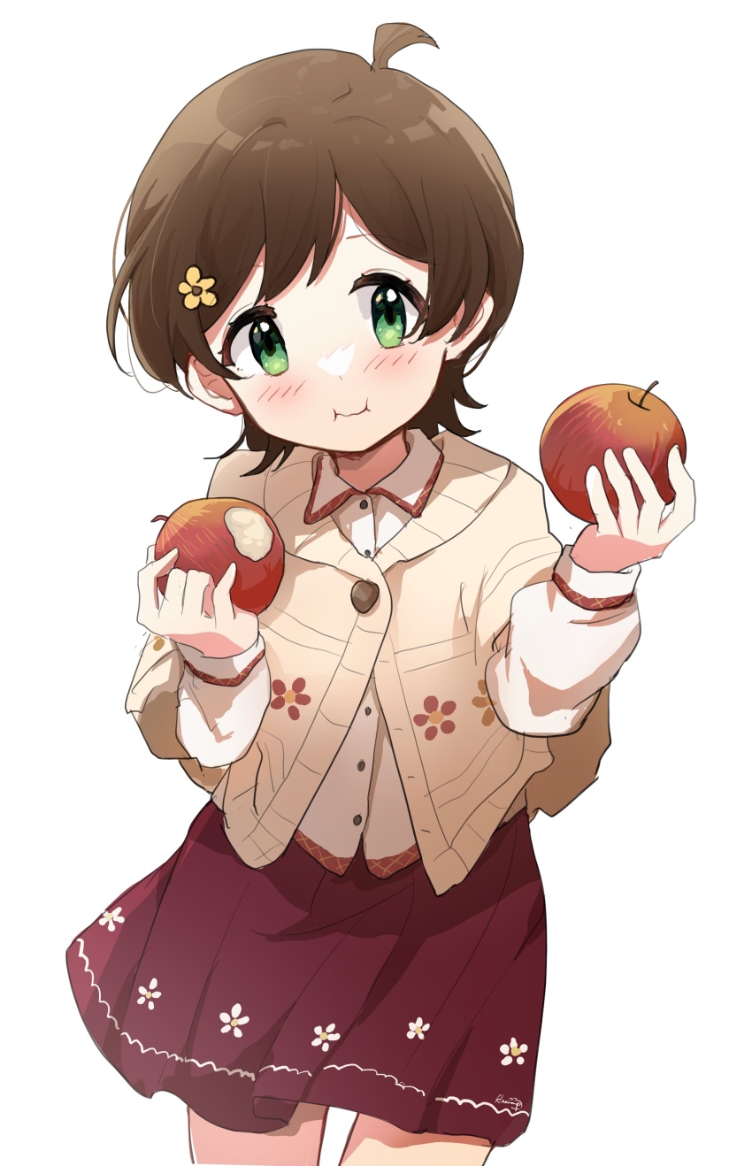 1girl absurdres ahoge apple blush breasts brown_hair cardigan closed_mouth cowboy_shot dot_nose eating flower food fruit green_eyes hair_flower hair_ornament hands_up highres holding holding_food holding_fruit idolmaster idolmaster_million_live! idolmaster_million_live!_theater_days kinoshita_hinata long_sleeves looking_at_viewer nnnn red_skirt shirt short_hair simple_background skirt small_breasts smile solo standing white_background white_shirt yellow_cardigan yellow_flower