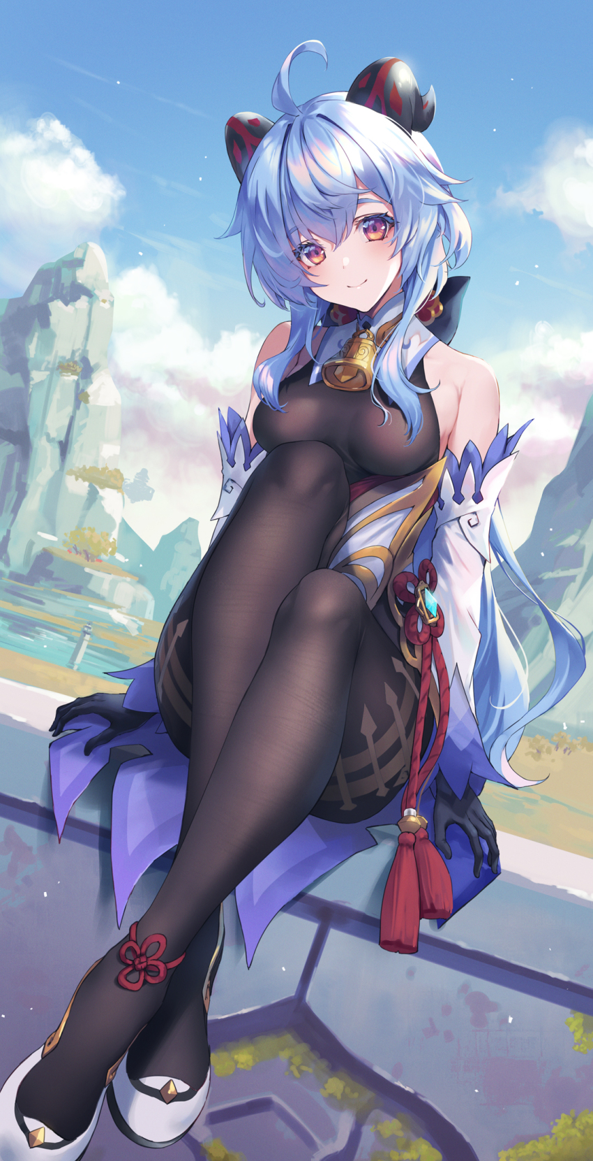 1girl ahoge bare_shoulders bell black_gloves blue_hair blue_sky blush bodystocking breasts brown_pantyhose detached_sleeves dress fukai_ryosuke ganyu_(genshin_impact) genshin_impact gloves highres horns jewelry knees_up large_breasts long_hair looking_at_viewer pantyhose purple_eyes sidelocks sitting sky smile solo thighlet thighs vision_(genshin_impact) white_dress