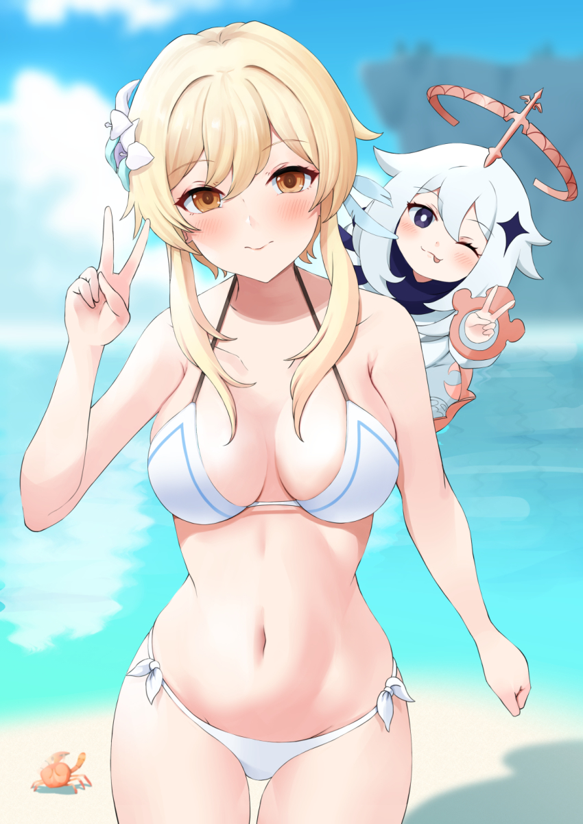 2girls ;p beach bikini blonde_hair blush breasts closed_mouth cloud cloudy_sky cowboy_shot crab flower genshin_impact haido_(ryuuno_kanzume) hair_flower hair_ornament halo halterneck hand_up highres looking_at_viewer lumine_(genshin_impact) medium_breasts multiple_girls navel one_eye_closed orange_eyes paimon_(genshin_impact) purple_eyes side-tie_bikini_bottom sidelocks sky stomach swimsuit tongue tongue_out v water white_bikini white_hair