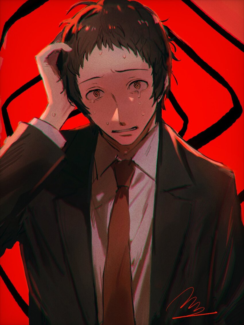 1boy @_@ adachi_tooru black_jacket brown_eyes brown_hair collared_shirt commentary_request hand_on_own_head hand_up highres jacket long_sleeves looking_at_viewer male_focus momotamago necktie nervous nervous_sweating open_clothes open_jacket open_mouth persona persona_4 red_background red_necktie shirt short_hair signature solo sweat upper_body white_shirt