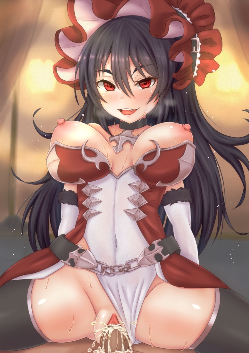 1boy 1girl black_hair blush breasts breasts_out choker clothing_aside collarbone covered_navel cowgirl_position cum cum_in_pussy elbow_gloves fang gloves hair_between_eyes hetero highres illya_(princess_connect!) large_breasts leotard leotard_aside long_hair looking_at_viewer open_mouth penis pov princess_connect! puffy_nipples red_eyes sex skindentation smile solo_focus straddling sweat vaginal vampire very_long_hair yasuda_hakaru