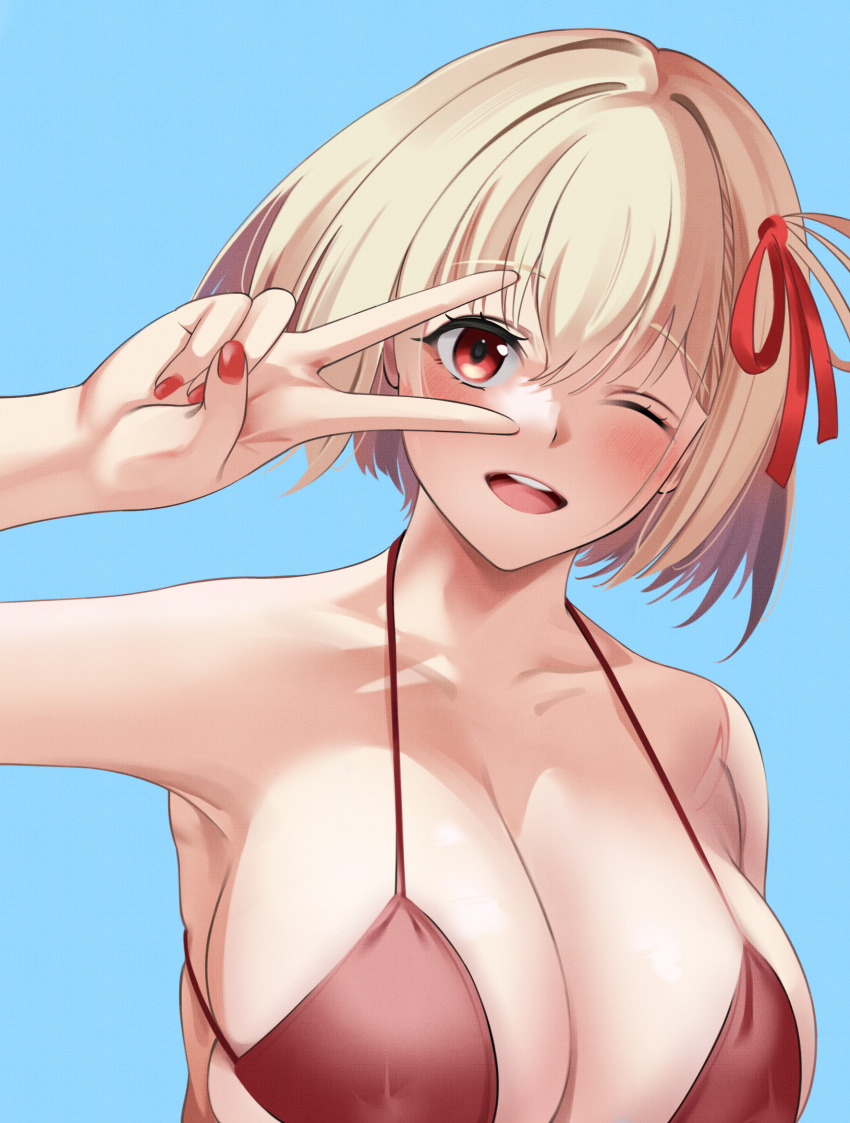 1girl ;d arm_up bikini blue_background blush bob_cut breasts cleavage collarbone hair_ribbon highres large_breasts looking_at_viewer lycoris_recoil nail_polish nemuslyp nishikigi_chisato one_eye_closed one_side_up open_mouth red_bikini red_nails red_ribbon ribbon short_hair simple_background skindentation smile solo string_bikini swimsuit teeth upper_body upper_teeth_only v_over_eye