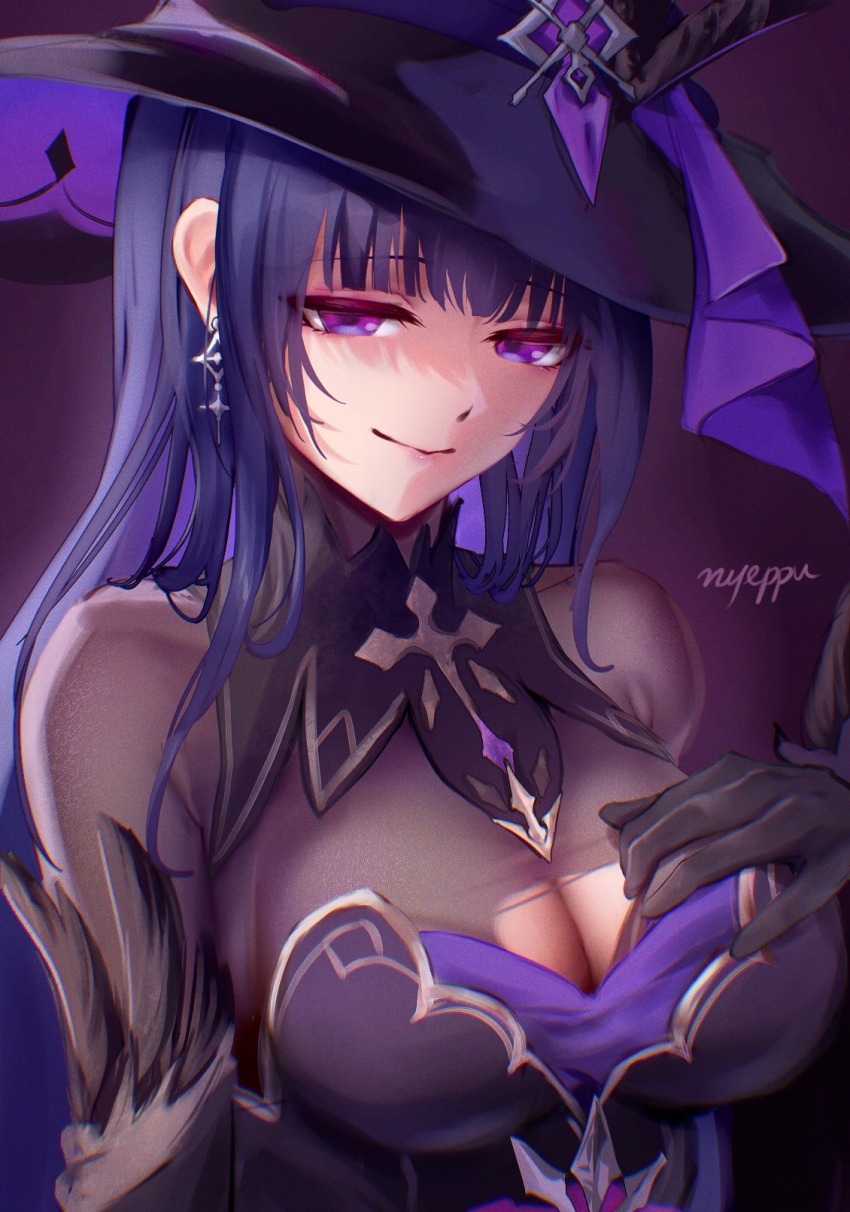 1girl alternate_costume black_gloves bodystocking breasts cleavage closed_mouth commentary earrings gloves halloween halloween_costume hat highres honkai_(series) honkai_impact_3rd jewelry large_breasts long_hair looking_at_viewer nyeppu purple_background purple_eyes purple_hair purple_theme raiden_mei raiden_mei_(apho) sidelocks signature smile solo torn_bodystocking torn_clothes upper_body very_long_hair witch witch_hat