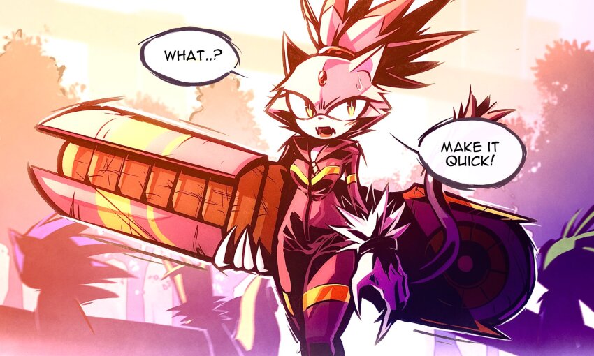 animal_ears blaze_the_cat blaze_the_cat_(riders) cat_ears cat_girl cat_tail fangs forehead_jewel full-length_zipper fur-trimmed_gloves fur_trim furry furry_female gloves highres hoodedmask hoverboard jet_the_hawk jumpsuit ponytail purple_fur purple_jumpsuit sonic_(series) sonic_riders:_zero_gravity sonic_riders_(series) sonic_the_hedgehog speech_bubble sweatdrop tail tails_(sonic) tree white_gloves yellow_eyes zipper zipper_pull_tab