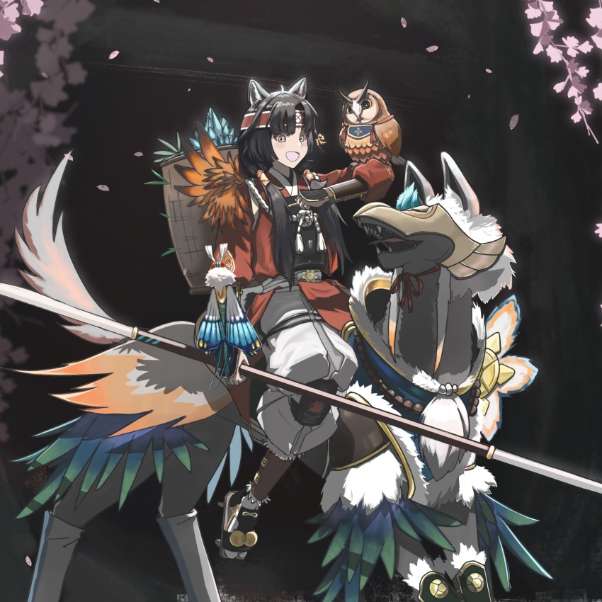 1girl :d ahu_(kur0shiba) alternate_costume animal animal_on_arm arknights armor beads bird bird_on_arm black_hair blush brown_footwear canyne cherry_blossoms chinese_commentary commentary_request crossover dog falling_leaves feathers flower geta hakama hand_up headband highres holding holding_polearm holding_weapon japanese_clothes kimono knee_pads leaf long_hair looking_at_viewer monster_hunter_(series) monster_hunter_rise naginata open_mouth owl pants parted_bangs pink_flower polearm red_headband red_kimono red_ribbon ribbon riding saga_(arknights) sandals short_kimono smile socks solo tabi tassel vambraces weapon white_pants white_socks yellow_eyes