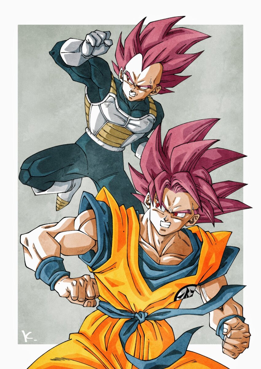 2boys armor boots clenched_hands clenched_teeth dougi dragon_ball dragon_ball_super dragon_ball_super_broly gloves highres kakeru_(dbskakeru) male_focus multiple_boys red_eyes red_hair signature son_goku super_saiyan super_saiyan_god sweatdrop teeth vegeta white_footwear white_gloves wristband