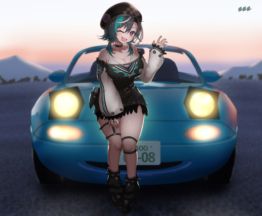 1girl aqua_hair beret black_choker black_hair blush breasts car choker cleavage commentary_request earrings eunos_roadster evening eyelashes full_body hat highres hololive hololive_dev_is jewelry knee_strap large_breasts looking_at_viewer mazda mazda_mx-5 mazda_mx-5_na medium_hair motor_vehicle multicolored_hair o-ring o-ring_garter_belt o-ring_thigh_strap one_eye_closed open_mouth outdoors red_eyes reiwa_rerere rindo_chihaya ring shirt sky smile solo spiked_dress spiked_hat spiked_sleeves standing streaked_hair thick_thighs thigh_strap thighs virtual_youtuber white_hair white_streaks wide_hips