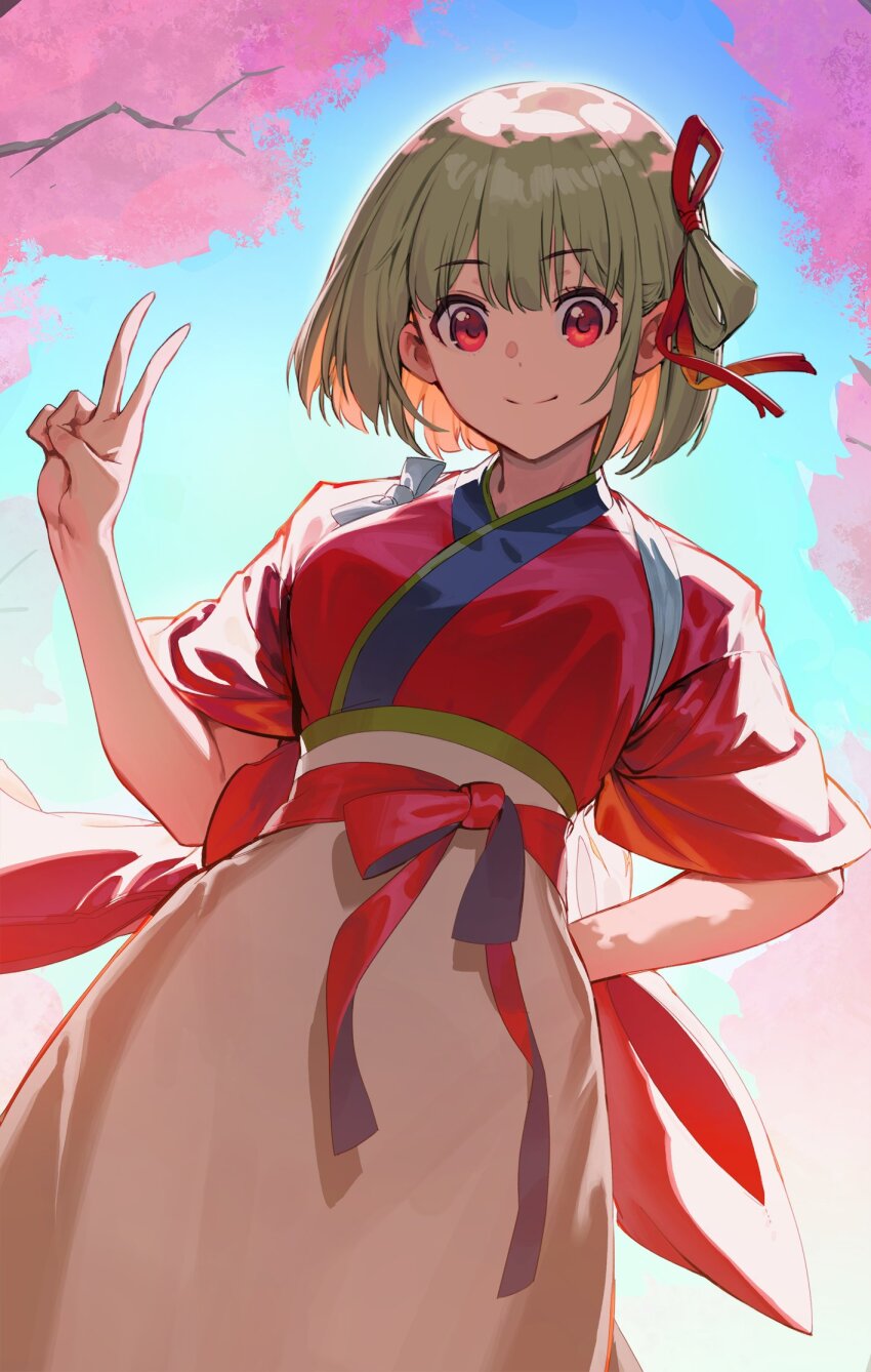 1girl apron arm_behind_back blonde_hair bob_cut branch brown_apron cherry_blossoms closed_mouth commentary dot_nose english_commentary from_below green_sash hair_ribbon hand_up highres japanese_clothes kimono looking_at_viewer lycoris_recoil nishikigi_chisato obi official_alternate_costume olys one_side_up red_eyes red_kimono red_ribbon ribbon sash short_hair short_sleeves smile solo split_mouth tasuki tree v waist_apron