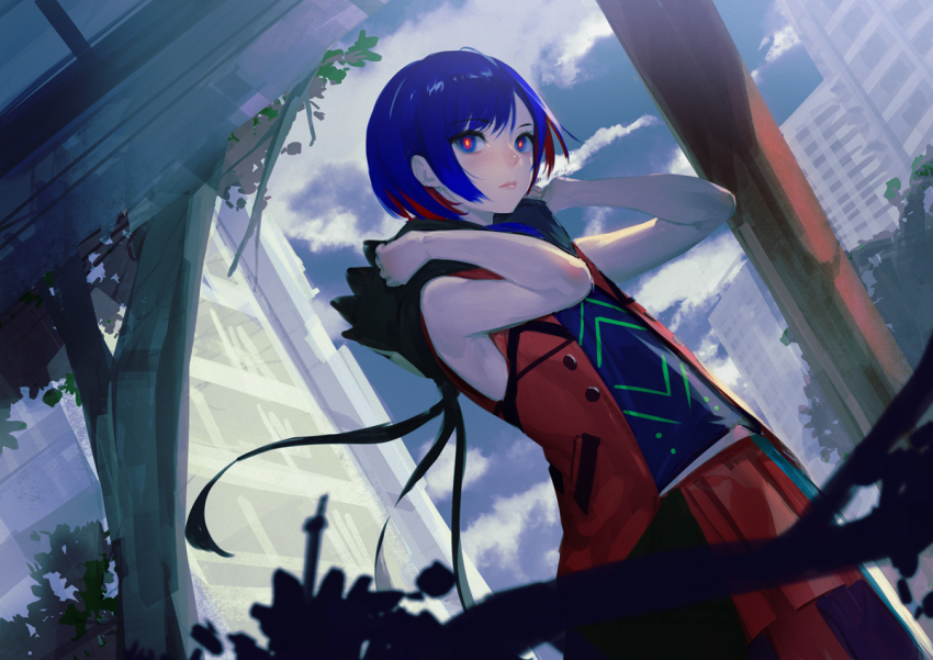 1girl bare_shoulders blue_eyes blue_hair blue_shirt blue_sky building city closed_mouth clothes_grab cloud cloudy_sky colored_inner_hair commentary_request cowboy_shot dutch_angle expressionless foliage from_side hair_over_shoulder hands_up hood hood_grab hooded_jacket jacket kamitsubaki_studio lips looking_at_viewer looking_to_the_side low_ponytail medium_hair multicolored_eyes multicolored_hair open_clothes open_jacket outdoors pleated_skirt red_eyes red_hair red_jacket red_skirt rim_(kamitsubaki_studio) shirt skirt sky sleeveless sleeveless_jacket sleeveless_shirt solo standing takami_masahiro virtual_youtuber yellow_pupils