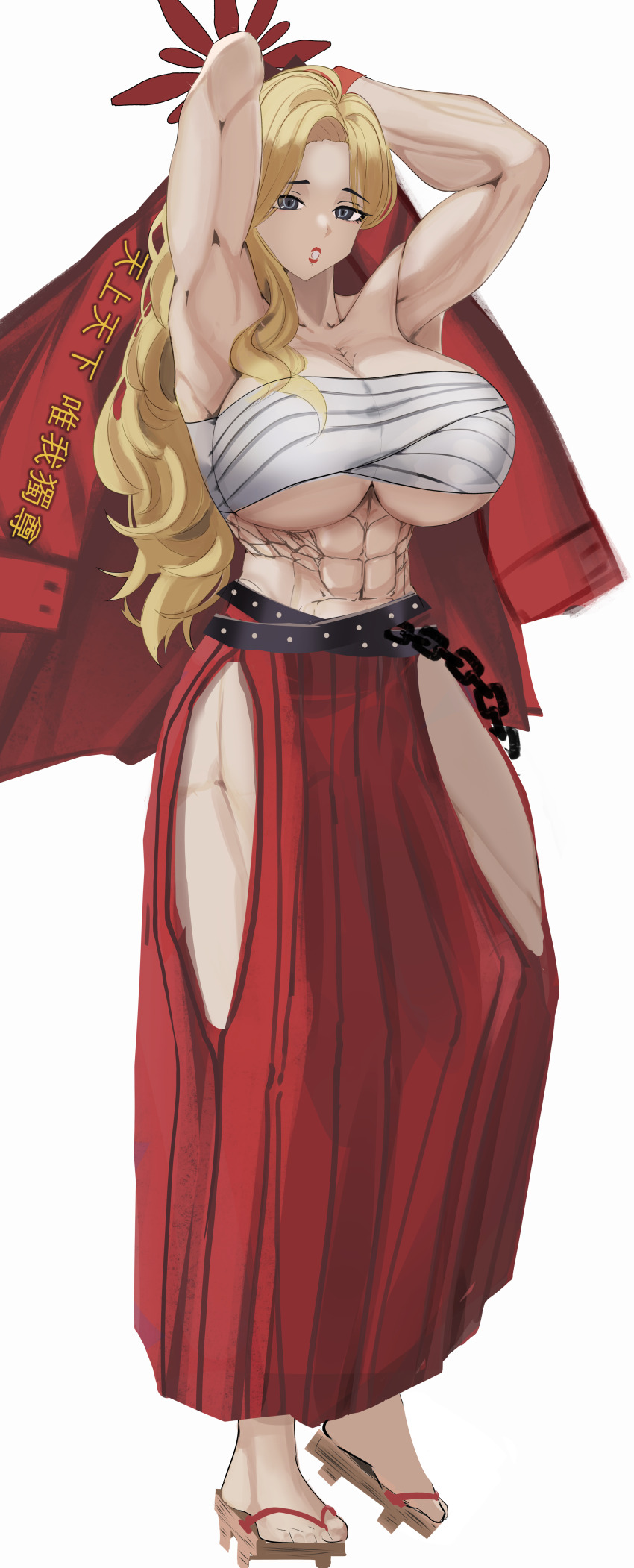 1girl 96mako abs absurdres akemi_(blue_archive) armpits arms_behind_head arms_up biceps blonde_hair blue_archive breasts chain chest_sarashi gloves halo highres large_breasts long_hair looking_at_viewer mole mole_under_eye muscular muscular_female navel presenting_armpit red_gloves red_halo red_skirt sandals sarashi simple_background skirt solo white_background