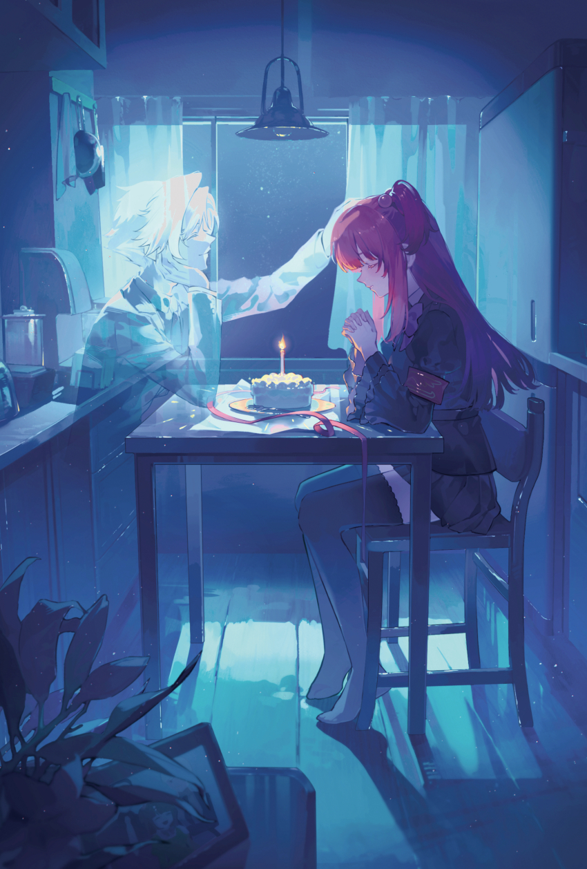 1boy 1girl absurdres black_skirt black_thighhighs brother_and_sister cake closed_eyes closed_mouth curtains food hair_between_eyes headpat highres indoors lamp lilith-lily long_hair moonlight no_shoes on_chair praying red_hair school_uniform shadow short_hair siblings sidelocks sitting skirt smile spirit table thighhighs umineko_no_naku_koro_ni ushiromiya_ange ushiromiya_battler window