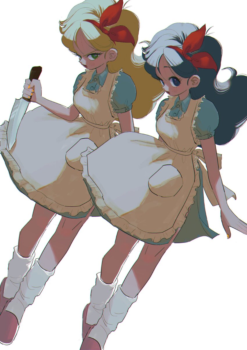 2girls absurdres alternate_costume apron blonde_hair blue_dress blue_eyes blue_hair breasts curly_hair dragon_ball dragon_ball_(classic) dress dual_persona green_eyes hairband highres holding holding_knife knife long_hair looking_at_viewer loose_socks lunch_(dragon_ball) maid maid_apron mnchki multiple_girls open_mouth puffy_short_sleeves puffy_sleeves red_hairband short_sleeves slippers socks v-shaped_eyebrows