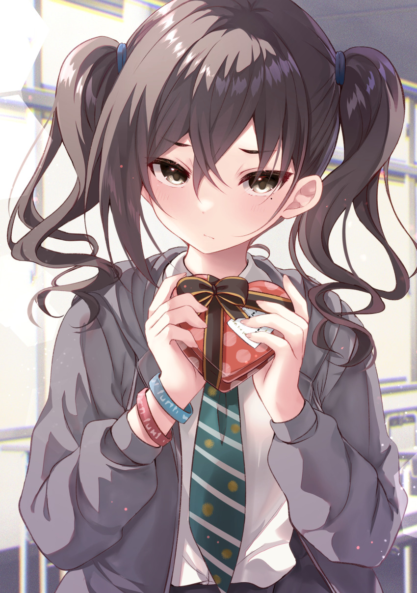 1girl absurdres black_hair black_jacket blush box crossed_bangs diagonal-striped_clothes diagonal-striped_necktie gift gift_box green_necktie highres holding holding_box hood hooded_jacket idolmaster idolmaster_cinderella_girls jacket long_sleeves looking_at_viewer mole mole_under_eye necktie rocomani school_uniform shirt single_sidelock solo striped_clothes sunazuka_akira twintails upper_body valentine wavy_hair white_shirt