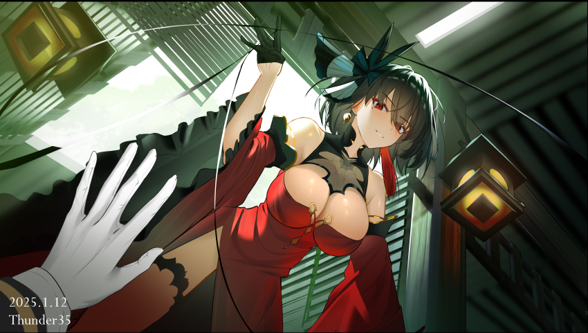 1girl absurdres azur_lane black_gloves black_hair breasts bridal_garter chien_wu_(azur_lane) cleavage commander_(azur_lane) dress from_below gloves half_gloves highres indoors large_breasts long_sleeves medium_hair pov pov_hands red_dress red_eyes solo thunder-35 white_gloves wide_sleeves