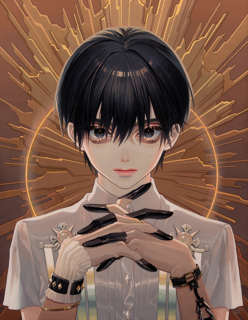 1boy androgynous bags_under_eyes black_hair bracelet finger_gloves hair_intakes highres jewelry kazchiko lips lipstick looking_at_viewer makeup male_focus original own_hands_clasped own_hands_together shirt solo upper_body white_shirt